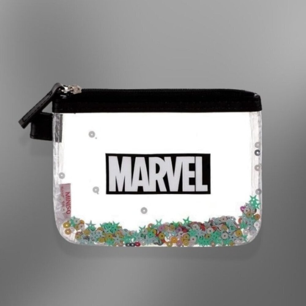 Miniso Marvel PVC Coin Purse Sequin Accents Space-Saving Black Clear OS NWT
